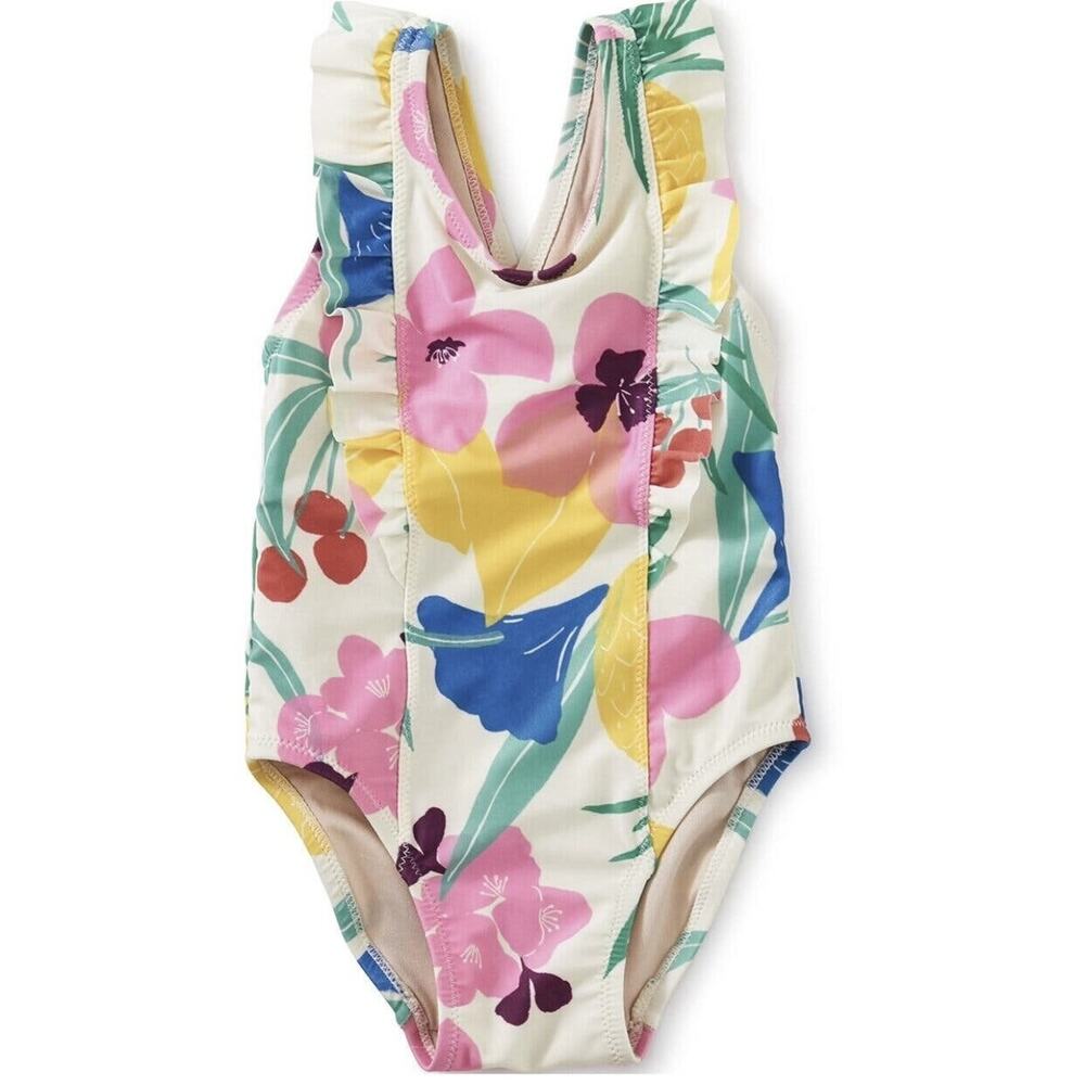 NWT Tea Collection One-Piece Ruffle Baby Swimsuit Fruit Floral